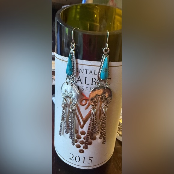 Boho Turquoise Drop Earrings – Silver Hammered Fringe Statement Jewelry - Picture 1 of 5